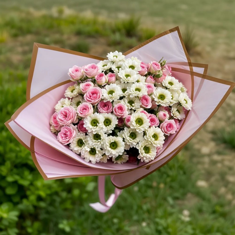 Букет цветов из: Хризантемы и Розы